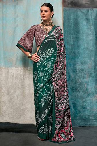 Bottelgreen Crepe Digital Print Saree With Blouse