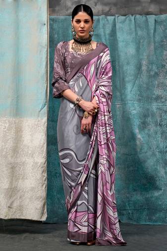 Grey Crepe Digital Print Saree With Blouse