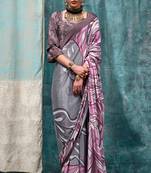Grey Crepe Digital Print Saree With Blouse