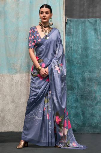 Steelgrey Crepe Digital Print Saree With Blouse