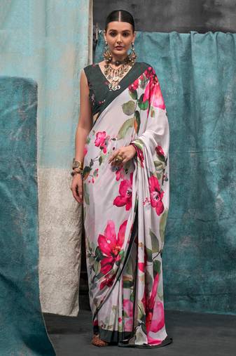 Beige Crepe Digital Print Saree With Blouse