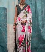Beige Crepe Digital Print Saree With Blouse