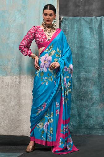 Firozi Crepe Digital Print Saree With Blouse