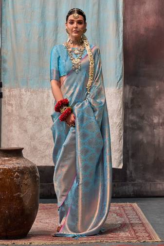 Sky Blue Handloom Silk Jacquard Woven Saree With Blouse