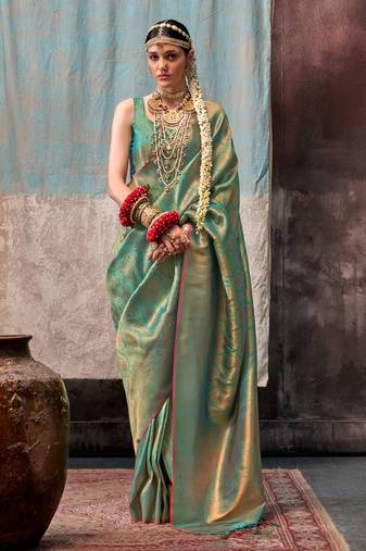 Rama Green Handloom Silk Jacquard Woven Saree With Blouse