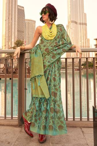 Light Green Tissue Silk Printed Saree With Blouse