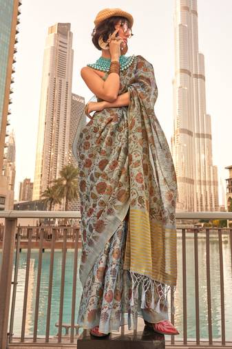 Grey Tissue Silk Printed Saree With Blouse