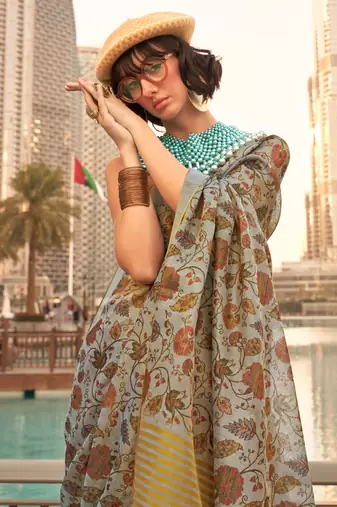 Grey Tissue Silk Printed Saree With Blouse