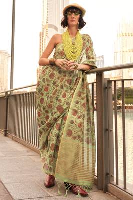 Lime Green Tissue Silk Printed Saree With Blouse 1