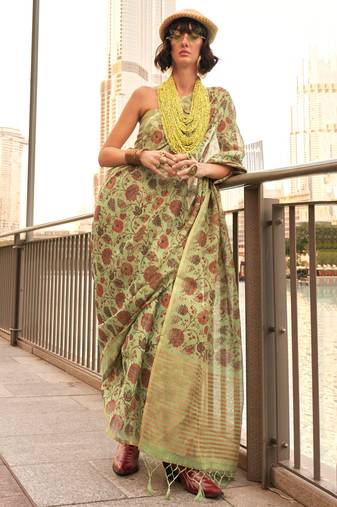 Lime Green Tissue Silk Printed Saree With Blouse