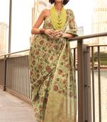 Lime Green Tissue Silk Printed Saree With Blouse
