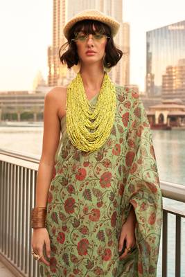 Lime Green Tissue Silk Printed Saree With Blouse 2
