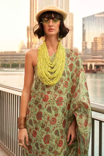 Lime Green Tissue Silk Printed Saree With Blouse