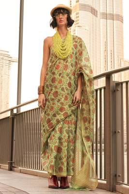 Lime Green Tissue Silk Printed Saree With Blouse 3