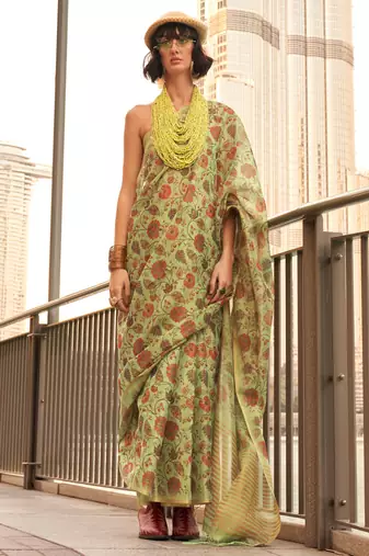 Lime Green Tissue Silk Printed Saree With Blouse