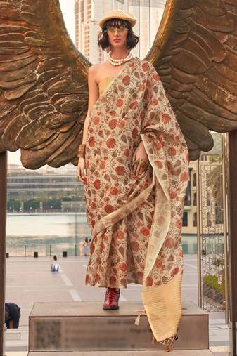 Cream Tissue Silk Printed Saree With Blouse
