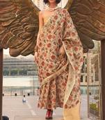 Cream Tissue Silk Printed Saree With Blouse