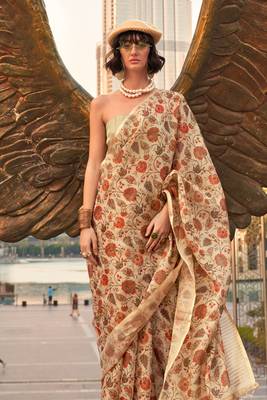 Cream Tissue Silk Printed Saree With Blouse 2