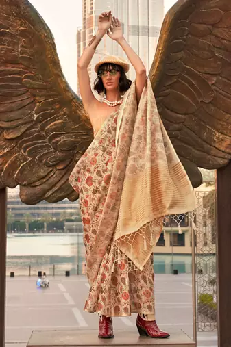 Cream Tissue Silk Printed Saree With Blouse