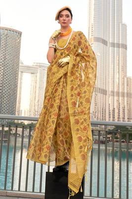 Mustard Tissue Silk Printed Saree With Blouse 1
