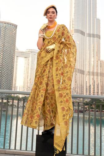 Mustard Tissue Silk Printed Saree With Blouse
