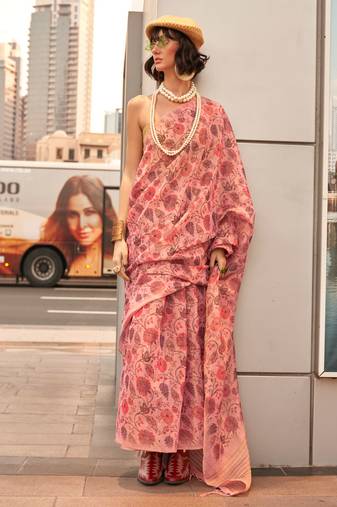 Pink Tissue Silk Printed Saree With Blouse