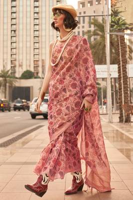 Pink Tissue Silk Printed Saree With Blouse 2