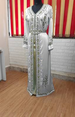 White inner light gold color Full Sleeves Handmade Moroccan Kaftan 1