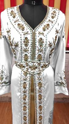 White inner light gold color Full Sleeves Handmade Moroccan Kaftan 2