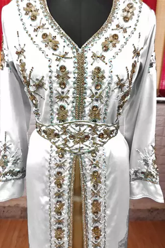 White inner light gold color Full Sleeves Handmade Moroccan Kaftan