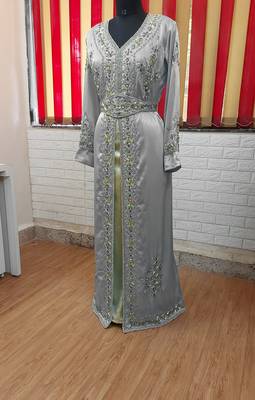 Grey inner light gold color Full Sleeves Handmade Moroccan Kaftan 1