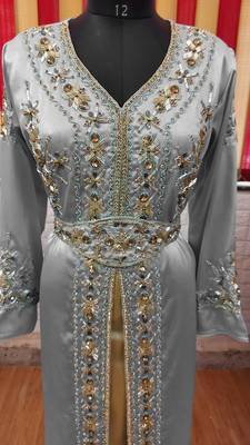 Grey inner light gold color Full Sleeves Handmade Moroccan Kaftan 2