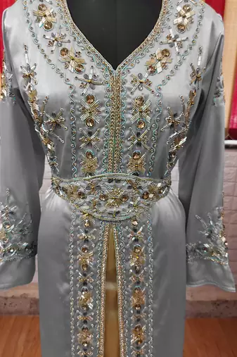 Grey inner light gold color Full Sleeves Handmade Moroccan Kaftan