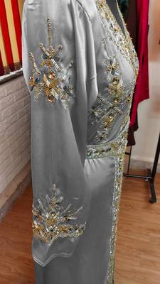 Grey inner light gold color Full Sleeves Handmade Moroccan Kaftan 3