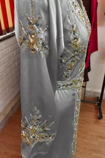 Grey inner light gold color Full Sleeves Handmade Moroccan Kaftan