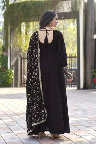 Black Georgette Maxi Gown With Dupatta And Pent