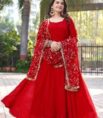 Red Georgette Maxi Gown With Dupatta And Pent