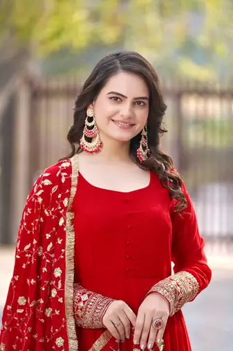 Red Georgette Maxi Gown With Dupatta And Pent