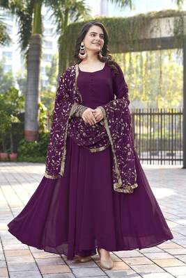Wine Georgette Maxi Gown With Dupatta And Pent 1