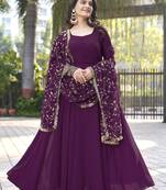 Wine Georgette Maxi Gown With Dupatta And Pent