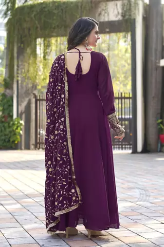 Wine Georgette Maxi Gown With Dupatta And Pent