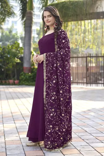 Wine Georgette Maxi Gown With Dupatta And Pent