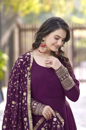 Wine Georgette Maxi Gown With Dupatta And Pent