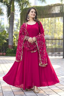 Rani Pink Georgette Maxi Gown With Dupatta And Pent 1