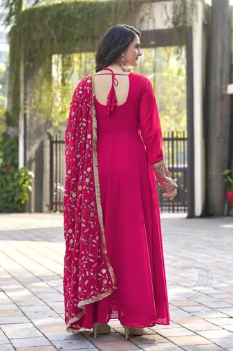 Rani Pink Georgette Maxi Gown With Dupatta And Pent