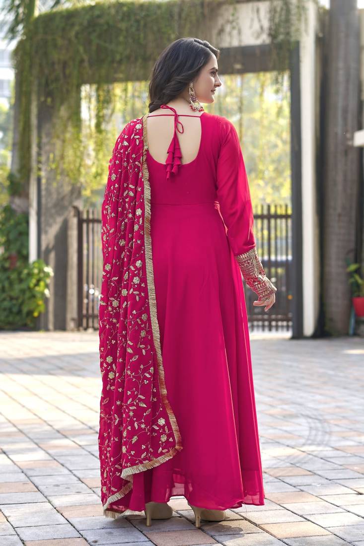 Rani Pink Georgette Maxi Gown With Dupatta And Pent