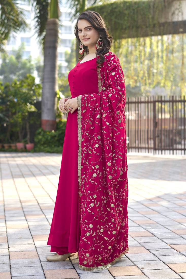 Rani Pink Georgette Maxi Gown With Dupatta And Pent