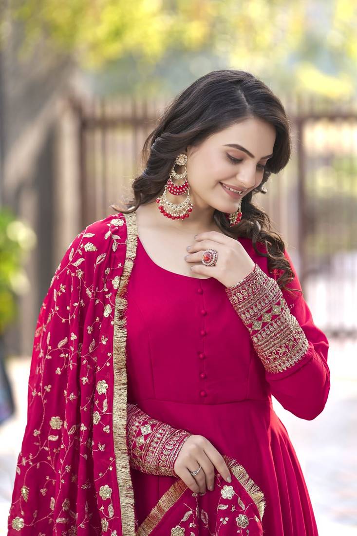 Rani Pink Georgette Maxi Gown With Dupatta And Pent