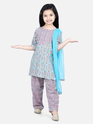 BownBee Pure Cotton Printed Kurti with Pant for Girls- Blue 1