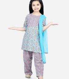BownBee Pure Cotton Printed Kurti with Pant for Girls- Blue